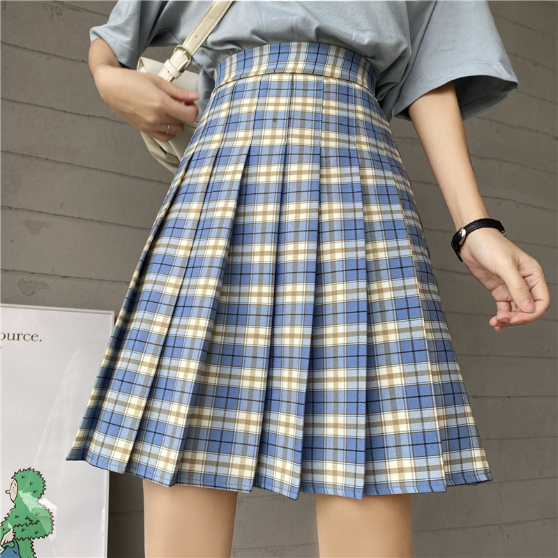 Plus Size High-Waisted Plaid Pleated Mid-Length Skirt, A-Line Puff Skirt in JK Style for Women, Trendy 90s Inspired Fashion