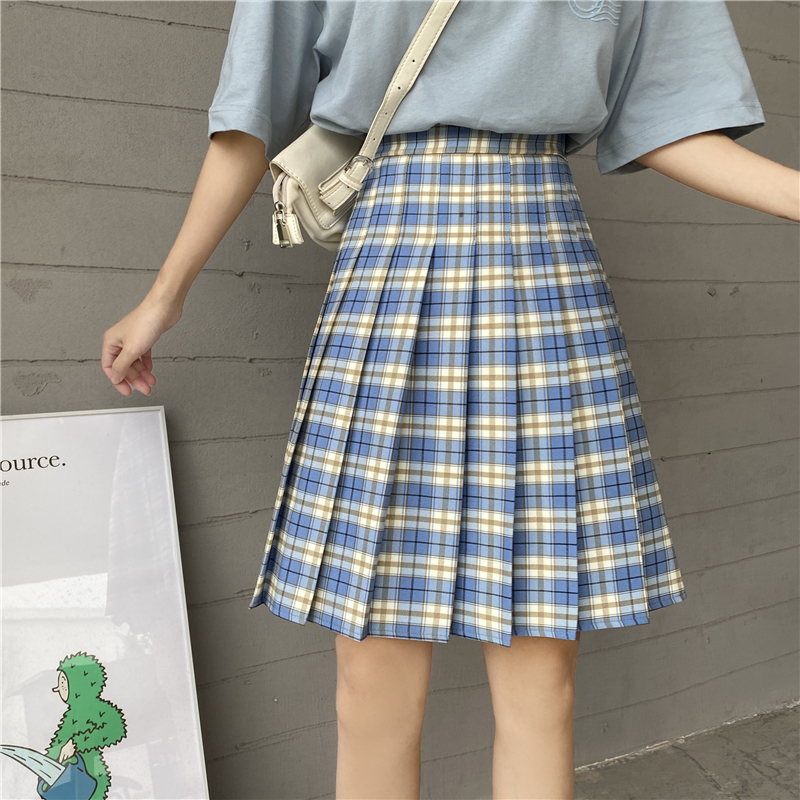 Plus Size High-Waisted Plaid Pleated Mid-Length Skirt, A-Line Puff Skirt in JK Style for Women, Trendy 90s Inspired Fashion