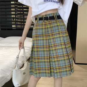 Plus Size High-Waisted Plaid Pleated Skirt for Women - Summer Blue and Yellow Checkered A-Line Mid-Length College Style Skirt