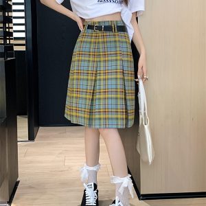 Plus Size High-Waisted Plaid Pleated Skirt for Women - Summer Blue and Yellow Checkered A-Line Mid-Length College Style Skirt
