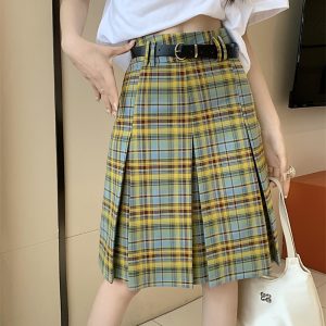 Plus Size High-Waisted Plaid Pleated Skirt for Women - Summer Blue and Yellow Checkered A-Line Mid-Length College Style Skirt