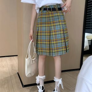 Plus Size High-Waisted Plaid Pleated Skirt for Women - Summer Blue and Yellow Checkered A-Line Mid-Length College Style Skirt