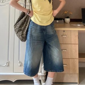 Plus Size High-Waisted Wide-Leg Denim Capri Pants for Women - Flattering Loose Fit American Style Shorts 2025