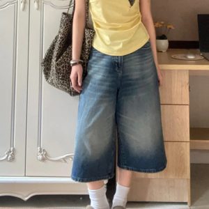 Plus Size High-Waisted Wide-Leg Denim Capri Pants for Women - Flattering Loose Fit American Style Shorts 2025