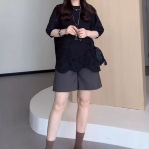 Plus Size Hollowed-Out Lace Short Sleeve Shirt for Women - Flattering Loose Fit, Perfect for Curvy Figures, Stylish and Comfortable