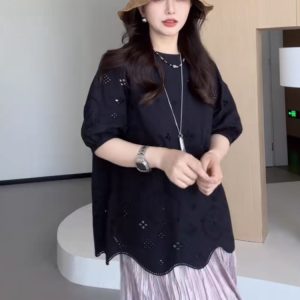 Plus Size Hollowed-Out Lace Short Sleeve Shirt for Women - Flattering Loose Fit, Perfect for Curvy Figures, Stylish and Comfortable