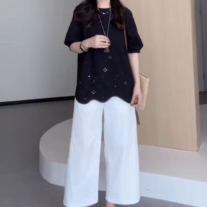 Plus Size Hollowed-Out Lace Short Sleeve Shirt for Women - Flattering Loose Fit, Perfect for Curvy Figures, Stylish and Comfortable