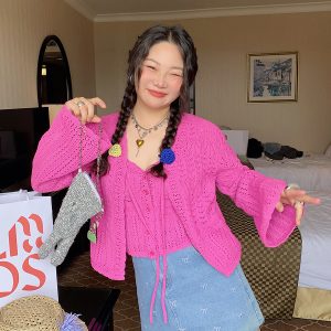 Plus Size Ice Silk Knitted Cardigan and Camisole Two-Piece Set for Curvy Women - Spring/Summer 2025 Fashion