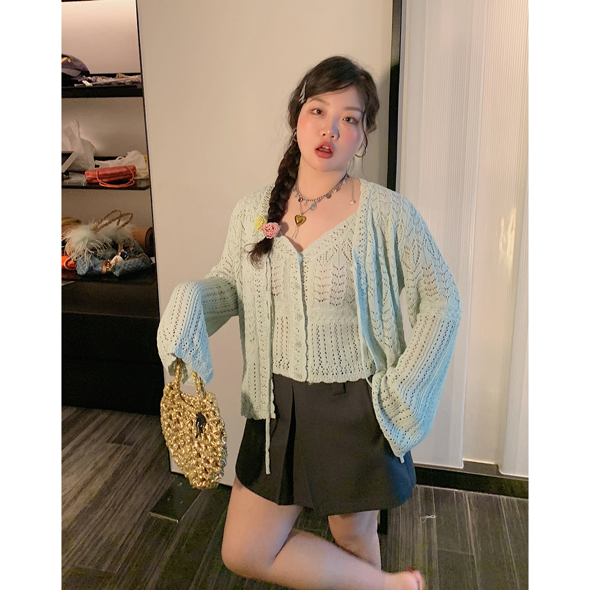 Plus Size Ice Silk Knitted Cardigan and Camisole Two-Piece Set for Curvy Women - Spring/Summer 2025 Fashion Plus Size Ice Silk Knitted Cardigan and Camisole Two-Piece Set for Curvy Women - Spring/Summer 2025 Fashion