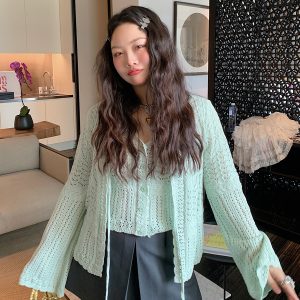 Plus Size Ice Silk Knitted Cardigan and Camisole Two-Piece Set for Curvy Women - Spring/Summer 2025 Fashion