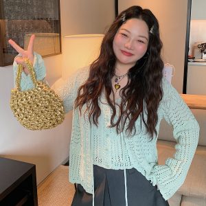 Plus Size Ice Silk Knitted Cardigan and Camisole Two-Piece Set for Curvy Women - Spring/Summer 2025 Fashion