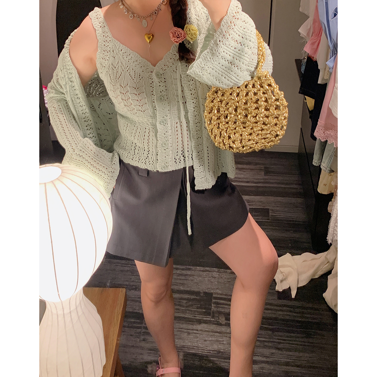 Plus Size Ice Silk Knitted Cardigan and Camisole Two-Piece Set for Curvy Women - Spring/Summer 2025 Fashion