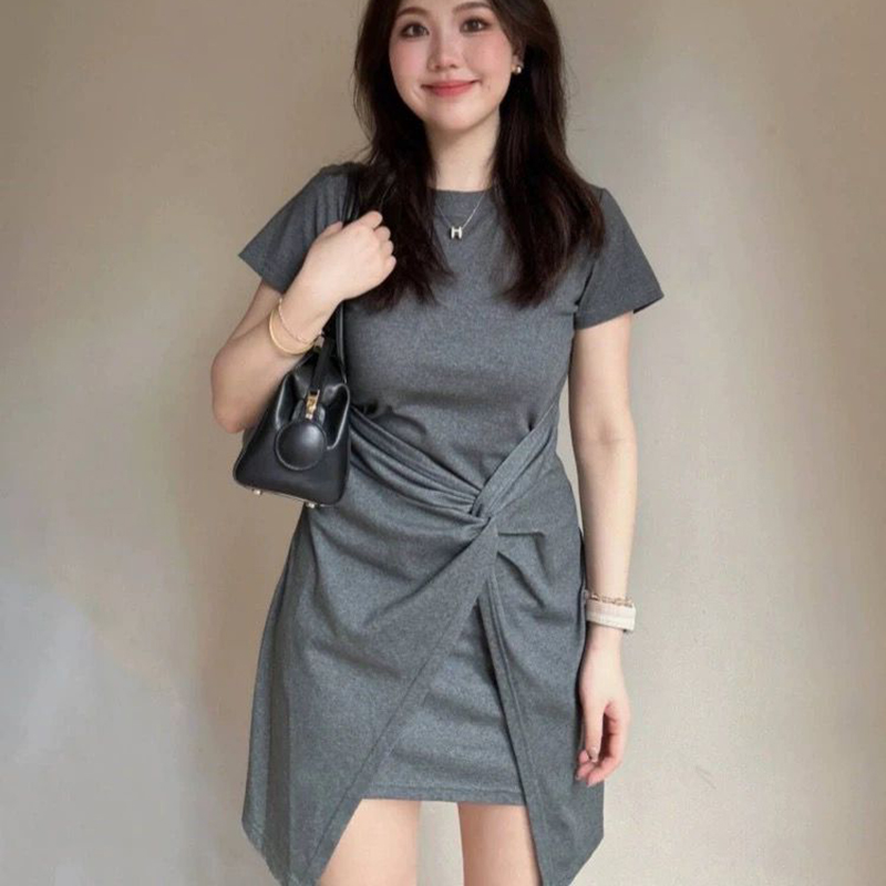 Plus Size Irregular Short Sleeve Dress for Women, Flattering Waist-Cinching T-Shirt Style, Summer Chic for Pear-Shaped Figures