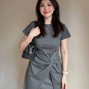 Plus Size Irregular Short Sleeve Dress for Women, Flattering Waist-Cinching T-Shirt Style, Summer Chic for Pear-Shaped Figures