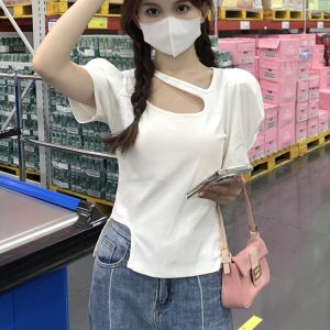 Plus-Size Irregular Short Sleeve T-Shirt for Women - Summer Korean Design, Slim Fit, Flattering Cropped Shoulder Top