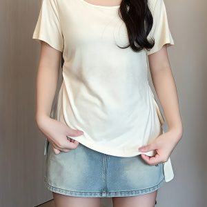 Plus Size Irregular Shoulder Short Sleeve T-Shirt for Women - Summer Ruffle Drawstring Waist Top, Slimming Fit, Trendy Style