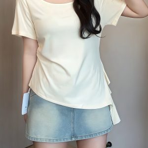 Plus Size Irregular Shoulder Short Sleeve T-Shirt for Women - Summer Ruffle Drawstring Waist Top, Slimming Fit, Trendy Style