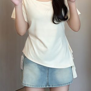 Plus Size Irregular Shoulder Short Sleeve T-Shirt for Women - Summer Ruffle Drawstring Waist Top, Slimming Fit, Trendy Style