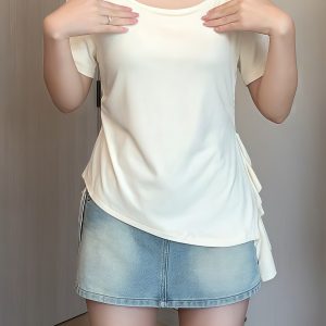 Plus Size Irregular Shoulder Short Sleeve T-Shirt for Women - Summer Ruffle Drawstring Waist Top, Slimming Fit, Trendy Style