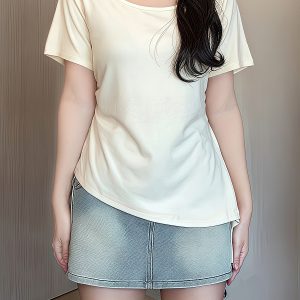 Plus Size Irregular Shoulder Short Sleeve T-Shirt for Women - Summer Ruffle Drawstring Waist Top, Slimming Fit, Trendy Style