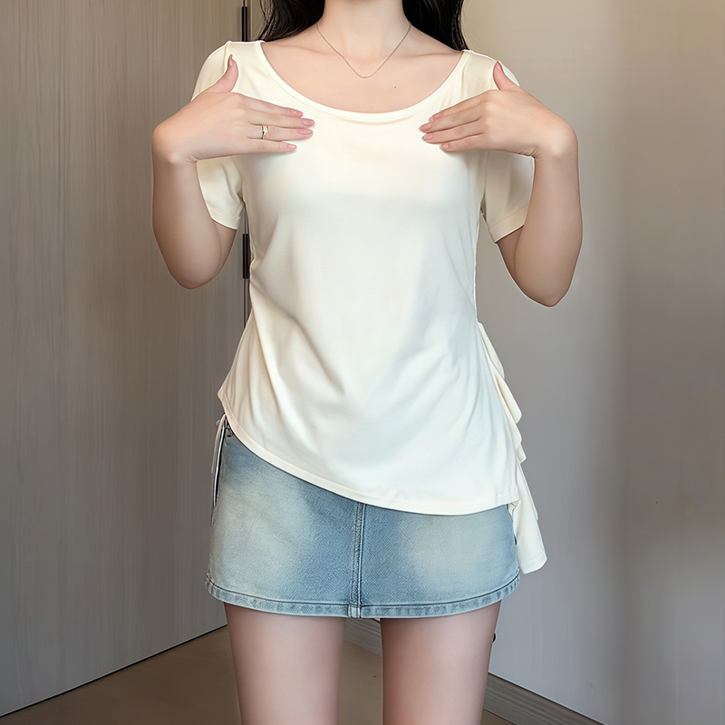 Plus Size Irregular Shoulder Short Sleeve T-Shirt for Women - Summer Ruffle Drawstring Waist Top, Slimming Fit, Trendy Style