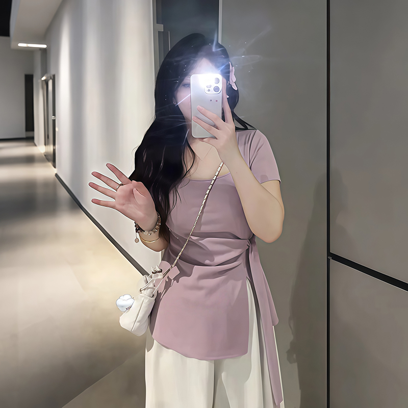 Plus-Size Irregular U-Neck Short Sleeve T-Shirt for Women - Flattering Cinched Waist, Summer Essential, French Design