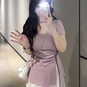 Plus-Size Irregular U-Neck Short Sleeve T-Shirt for Women - Flattering Cinched Waist, Summer Essential, French Design