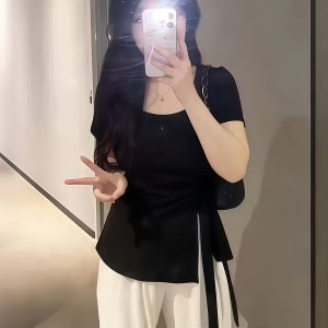 Plus-Size Irregular U-Neck Short Sleeve T-Shirt for Women - Flattering Cinched Waist, Summer Essential, French Design