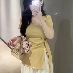 Plus-Size Irregular U-Neck Short Sleeve T-Shirt for Women - Flattering Cinched Waist, Summer Essential, French Design