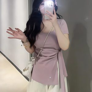 Plus-Size Irregular U-Neck Short Sleeve T-Shirt for Women - Flattering Cinched Waist, Summer Essential, French Design