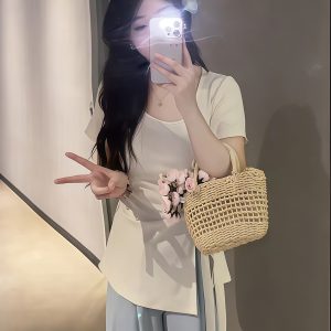 Plus-Size Irregular U-Neck Short Sleeve T-Shirt for Women - Flattering Cinched Waist, Summer Essential, French Design