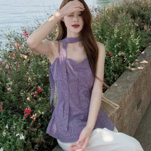 Plus Size Jacquard Camisole for Women - Stylish Summer French Design with Flowing Straps - Short Sleeveless Top