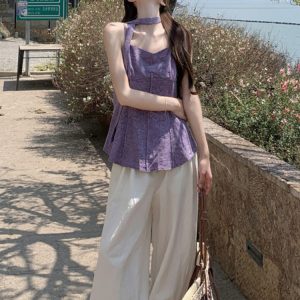 Plus Size Jacquard Camisole for Women - Stylish Summer French Design with Flowing Straps - Short Sleeveless Top