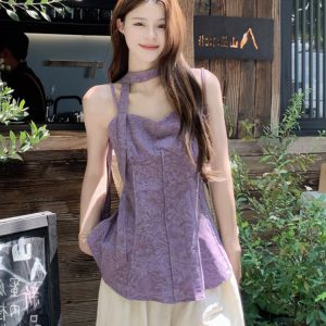 Plus Size Jacquard Camisole for Women - Stylish Summer French Design with Flowing Straps - Short Sleeveless Top