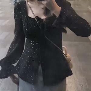 Plus Size Korean-Style Black Polka Dot Blouse for Women - Flattering Square Neck, Waist-Cinching Design, Perfect for Chubby Figures