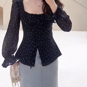 Plus Size Korean-Style Black Polka Dot Blouse for Women - Flattering Square Neck, Waist-Cinching Design, Perfect for Chubby Figures
