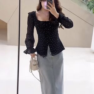 Plus Size Korean-Style Black Polka Dot Blouse for Women - Flattering Square Neck, Waist-Cinching Design, Perfect for Chubby Figures