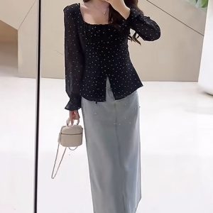 Plus Size Korean-Style Black Polka Dot Blouse for Women - Flattering Square Neck, Waist-Cinching Design, Perfect for Chubby Figures