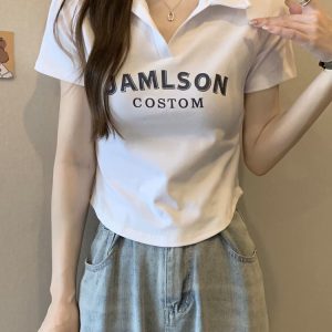 Plus Size Korean Style Letter Polo Collar Short Sleeve T-Shirt for Women - Tummy-Covering Slim Fit Cropped Top for Summer