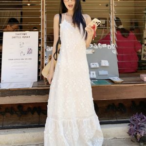 Plus-Size Lace Camisole Dress for Women, Summer French Style, Loose-Fitting Backless A-Line Long Dress, Slimming 90s Inspired Fashion