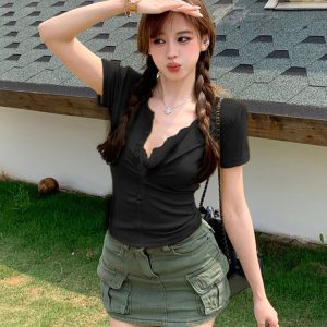 Plus Size Lace Spliced Button V-Neck Short Sleeve T-Shirt for Women - Summer Slim Fit Faux Two-Piece Top in Pure Desire Style