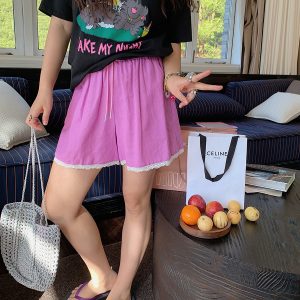 Plus Size Lace Spliced Linen Shorts for Women - Flattering Casual Summer 2025 Pants for Curvy Figures