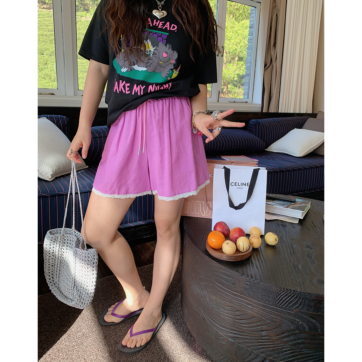 Plus Size Lace Spliced Linen Shorts for Women - Flattering Casual Summer 2025 Pants for Curvy Figures