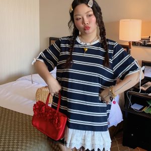 Plus Size Lace Spliced Striped T-Shirt for Women, Short Sleeve Summer 2025 Style, Unique and Trendy Top