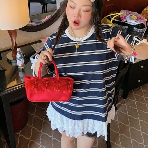 Plus Size Lace Spliced Striped T-Shirt for Women, Short Sleeve Summer 2025 Style, Unique and Trendy Top