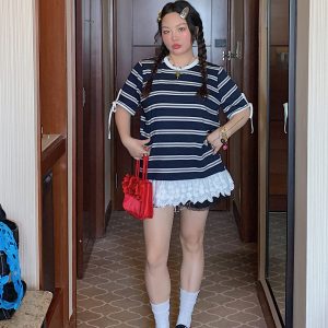 Plus Size Lace Spliced Striped T-Shirt for Women, Short Sleeve Summer 2025 Style, Unique and Trendy Top