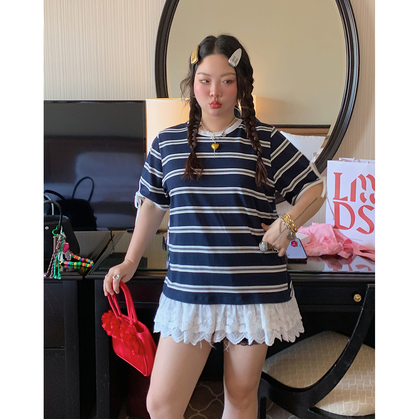 Plus Size Lace Spliced Striped T-Shirt for Women, Short Sleeve Summer 2025 Style, Unique and Trendy Top