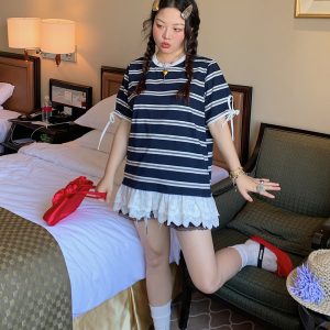 Plus Size Lace Spliced Striped T-Shirt for Women, Short Sleeve Summer 2025 Style, Unique and Trendy Top