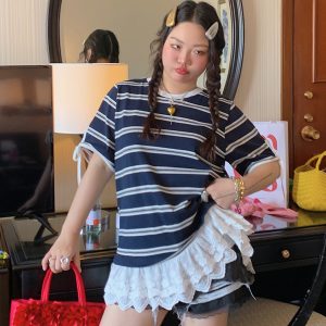 Plus Size Lace Spliced Striped T-Shirt for Women, Short Sleeve Summer 2025 Style, Unique and Trendy Top