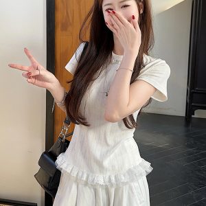 Plus Size Lace Trim Knitted Short Sleeve T-Shirt for Women, Summer Korean Style Slim Fit Top, Elegant Casual Wear